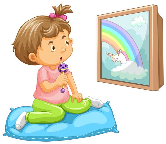 Girl toddler looking at unicorn vector