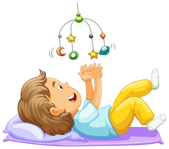 Boy toddler playing with mobile toy vector