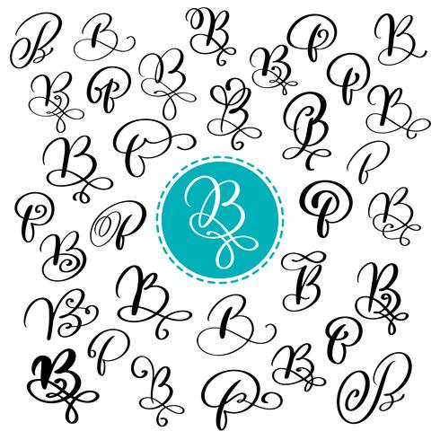 Set of Hand drawn vector calligraphy letter B. Script font. Isolated letters written with ink. Handwritten brush style. Hand lettering for logos packaging design poster. Typographic set on white background