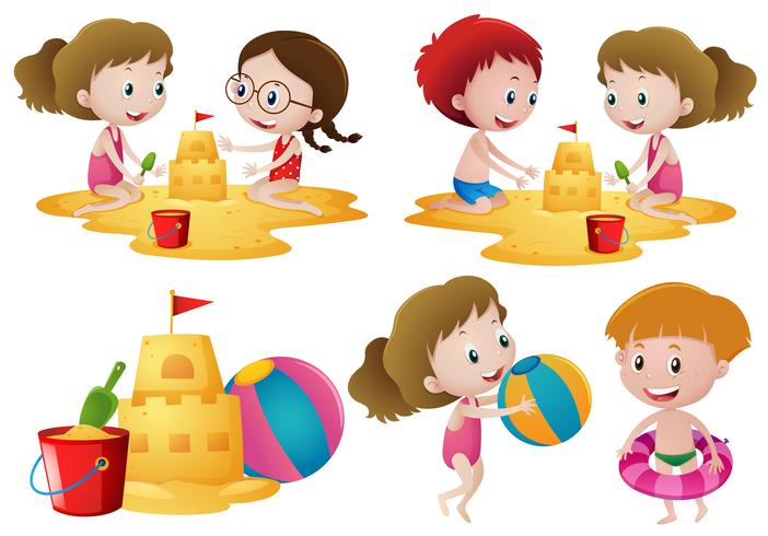 Children playing sand on the beach vector