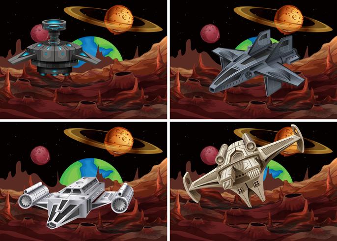 Four scenes of spaceship flying in space vector