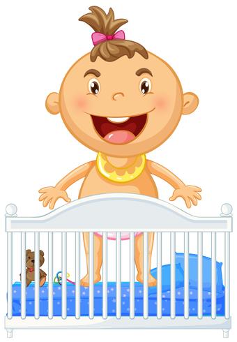 Pequeño bebé en cuna sonriendo vector