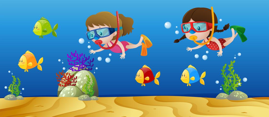 Two girls diving under the ocean vector