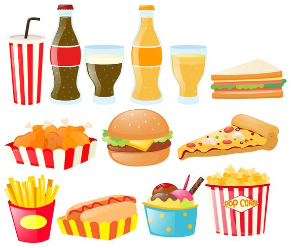 Fastfood set with different types of food and drink vector