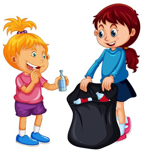 Good Kids Collecting Rubbish on White Background vector