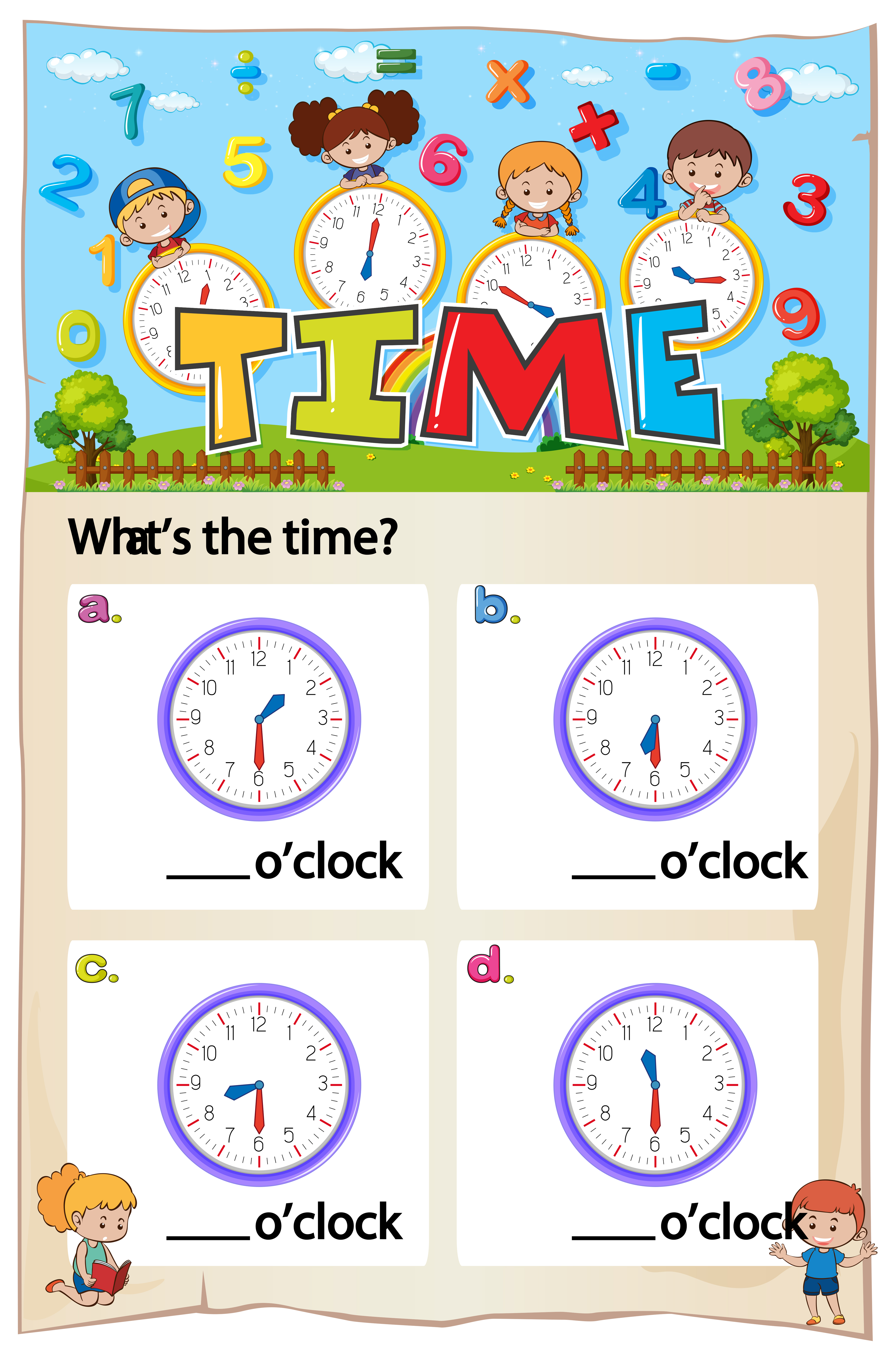 Math worksheet design for telling time 414437 - Download Free Vectors
