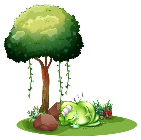 Un monstruo verde gordo que duerme bajo el árbol. vector