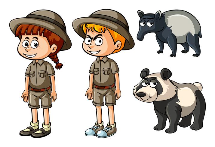 Niño y niña en ropa de safari con panda y tapir vector