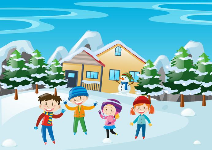 Escena de invierno con niños de pie frente a la casa. vector