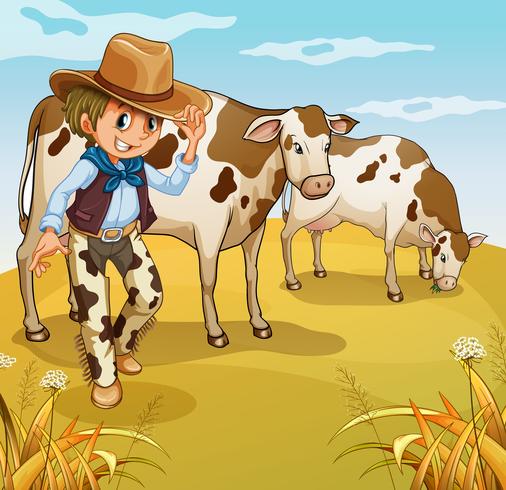 Un vaquero con dos vacas comiendo. vector