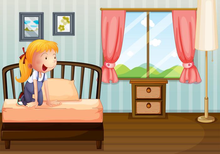 A girl smiling at her room vector