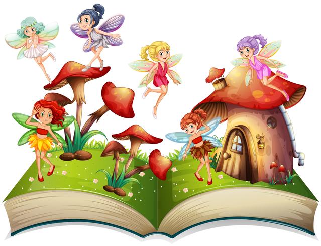 Fairies flying around the mushroom house vector