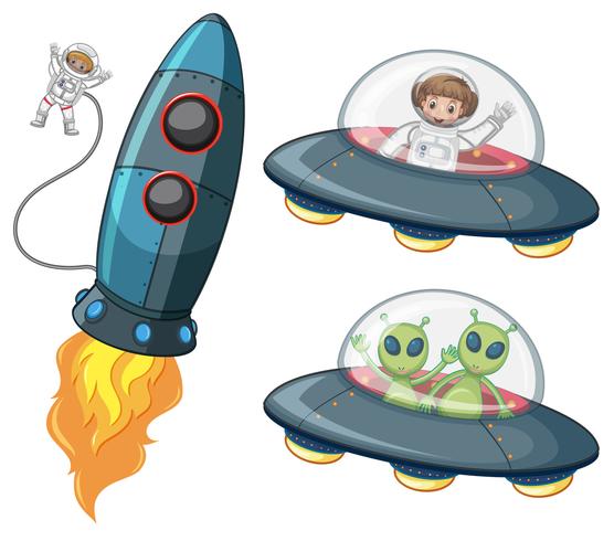 Astronaut and aliens in spaceships vector