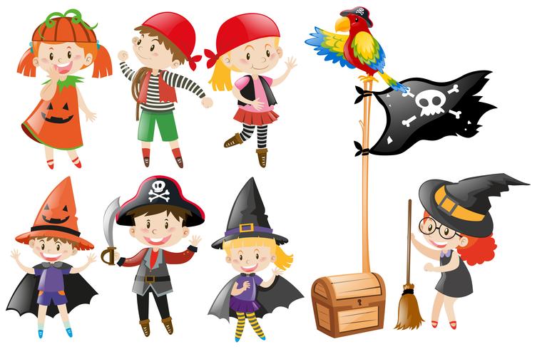 Halloween set with kids in costumes vector