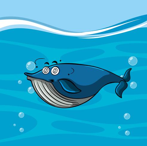 Ballena azul con rostro mareado en el mar. vector