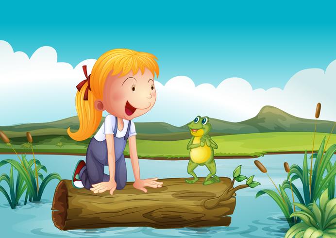 Una niña con una rana en el río. vector
