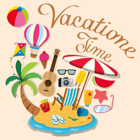 Tema de vacaciones con objetos de playa y isla. vector