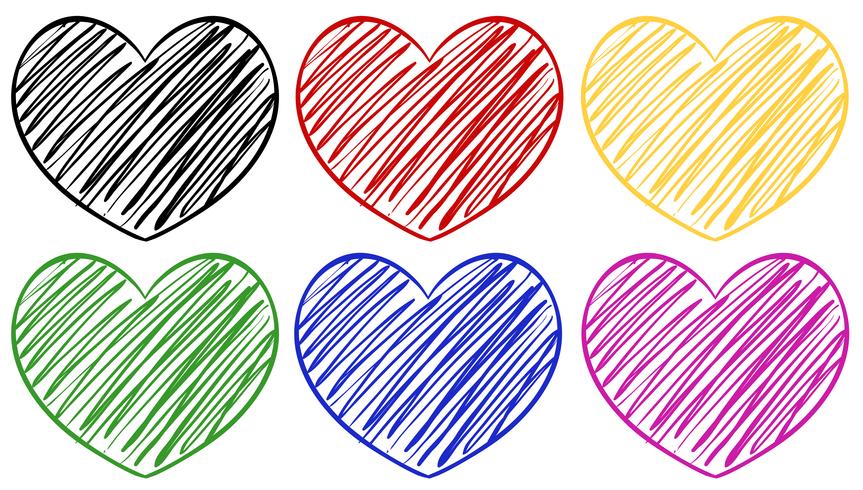 Seis corazones en diferentes colores. vector