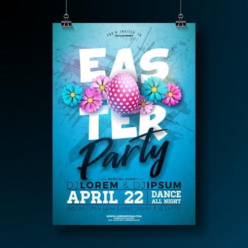 Vector Easter Party Flyer Illustration with painted eggs and flower on blue background. 