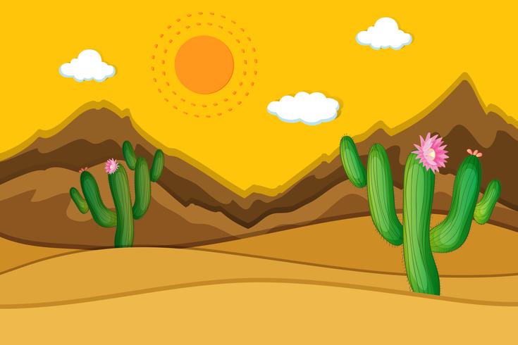 Escena del desierto con cactus en primer plano vector