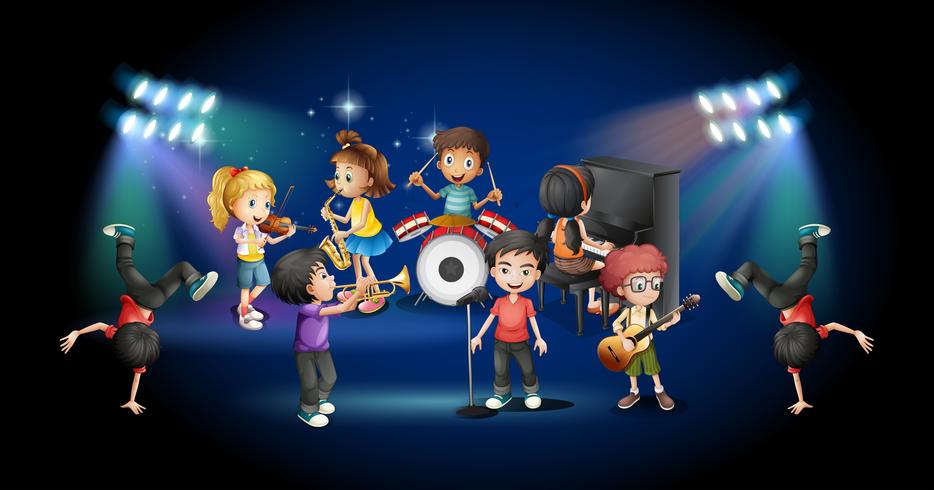 Niños en banda tocando en el escenario. vector