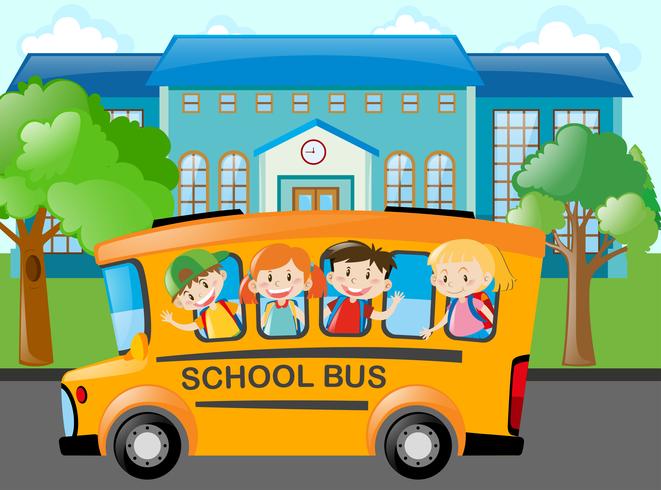 Children riding school bus to school vector