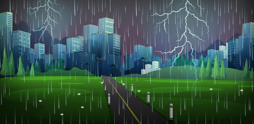 Escena de la ciudad con lluvia y truenos. vector