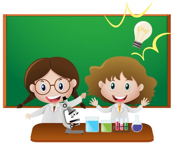 Two girls in science classroom vector