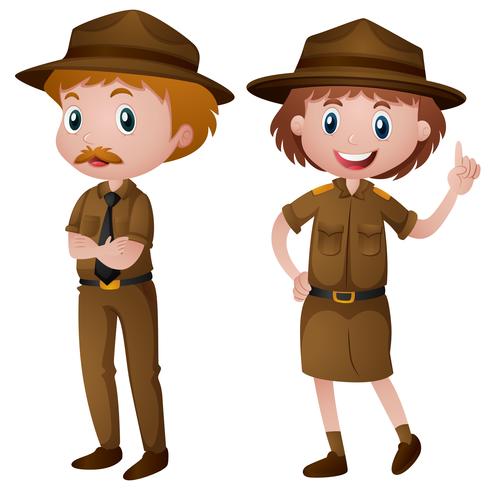 Two park rangers in brown uniform vector