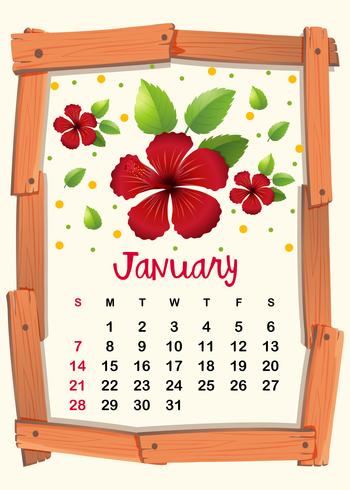 Plantilla de calendario con hibiscus rojo para enero vector