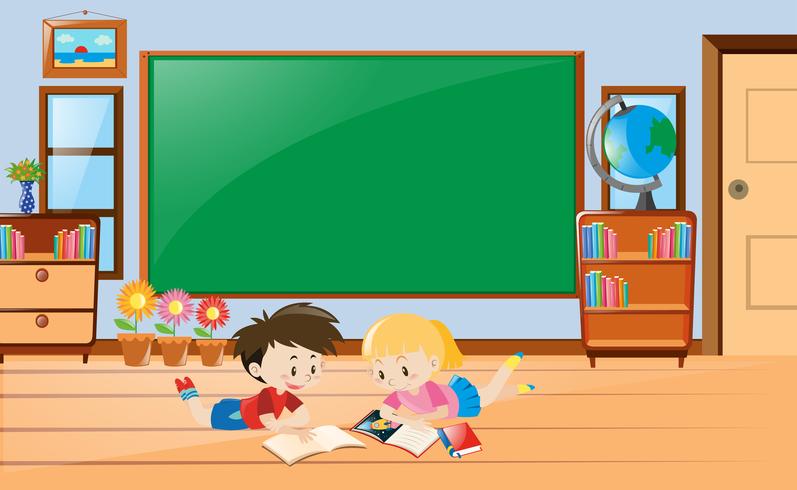 Boy and girl reading book in class vector