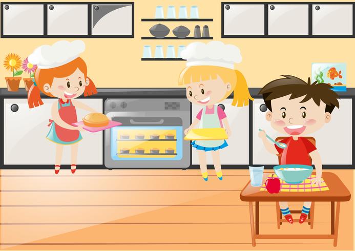 Escena de cocina con chicas horneando y comiendo chico vector