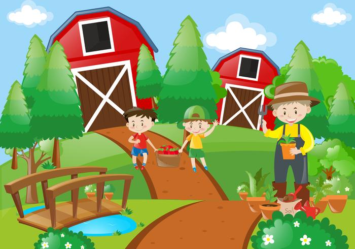 Farmer and children working in the farm vector