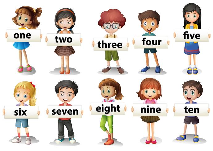 Children holding word cards with numbers vector