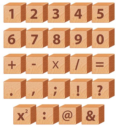 Wooden block math number and symbol vector