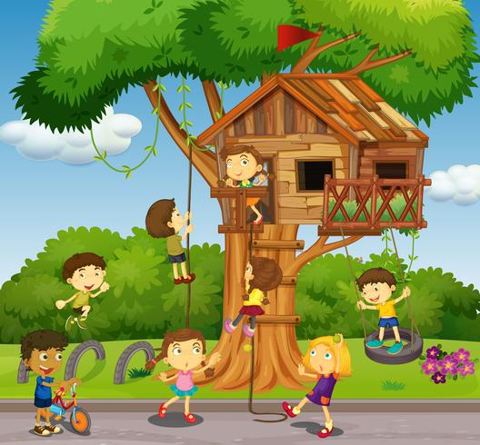 Niños jugando en la casa del árbol en el parque vector