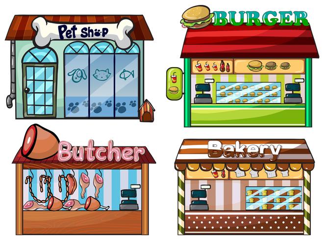 Tienda de mascotas, puesto de hamburguesas, carnicería y panadería. vector