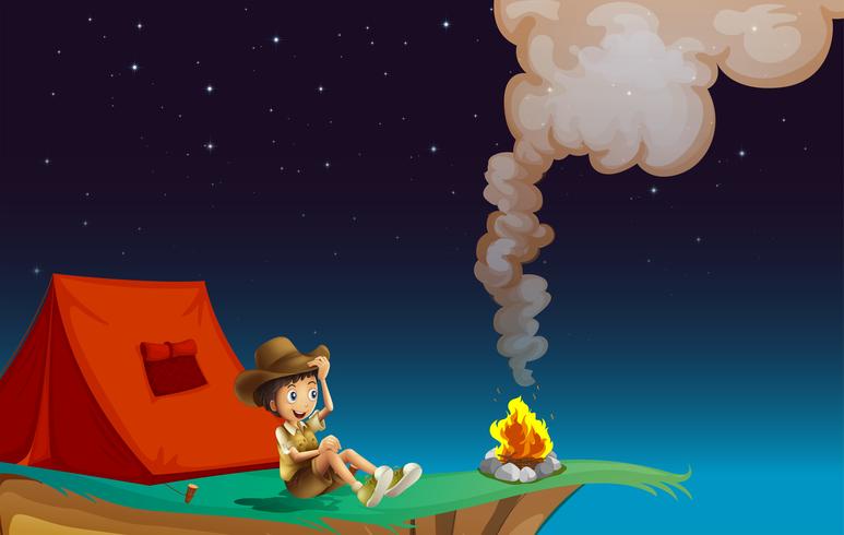 A boy scout camping near the cliff vector