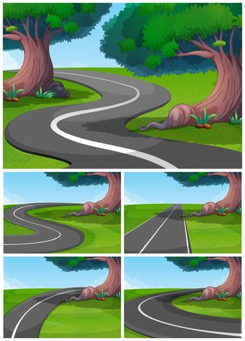 Cinco escenas de carretera en el parque. vector