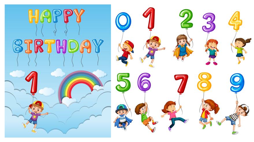 Niños con números y globos. vector