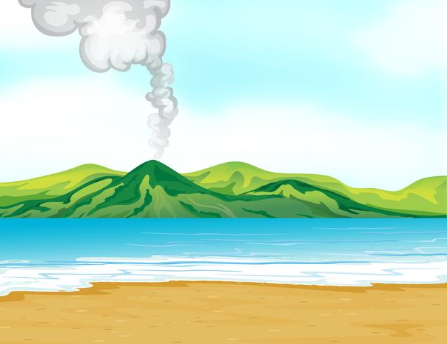 Una vista de la playa cerca de un volcán. vector