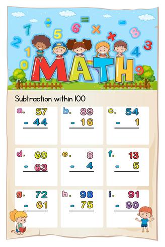 Math worksheet for subtraction within hundred vector