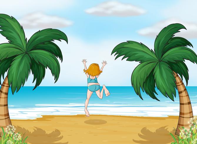 Una niña disfrutando el verano en la playa. vector