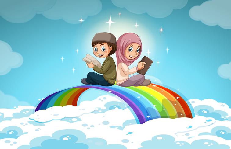 Two muslim reading books over the rainbow vector