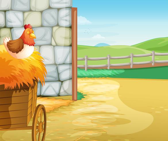 Una granja con una gallina encima de los henos. vector