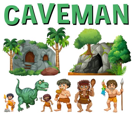 Conjunto de personajes y cuevas para el hombre de las cavernas. vector