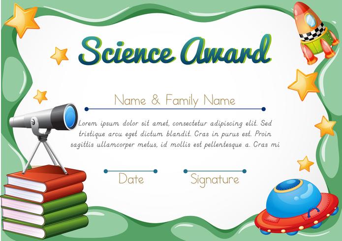 Certificado con objetos de ciencia en el fondo. vector