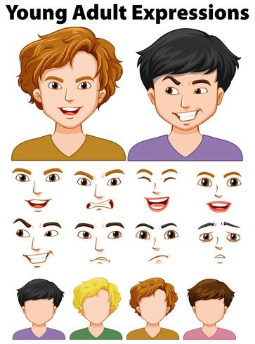 Expresiones de jóvenes con caras diferentes. vector