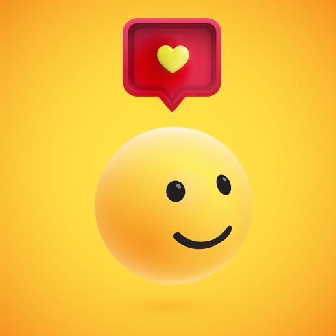 Cute high-detailed yellow 3D emoticon with speech bubble and heart for web, vector illustration