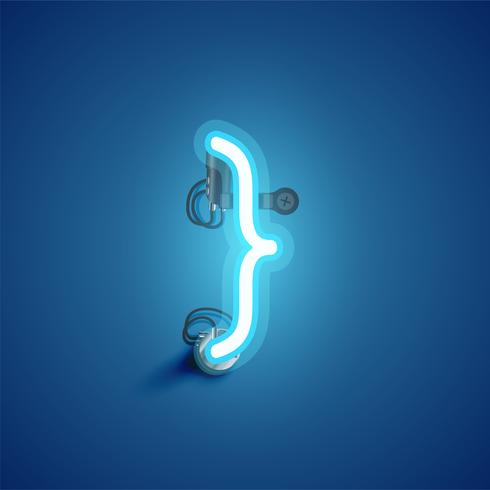 Blue realistic neon character with wires and console from a fontset, vector illustration